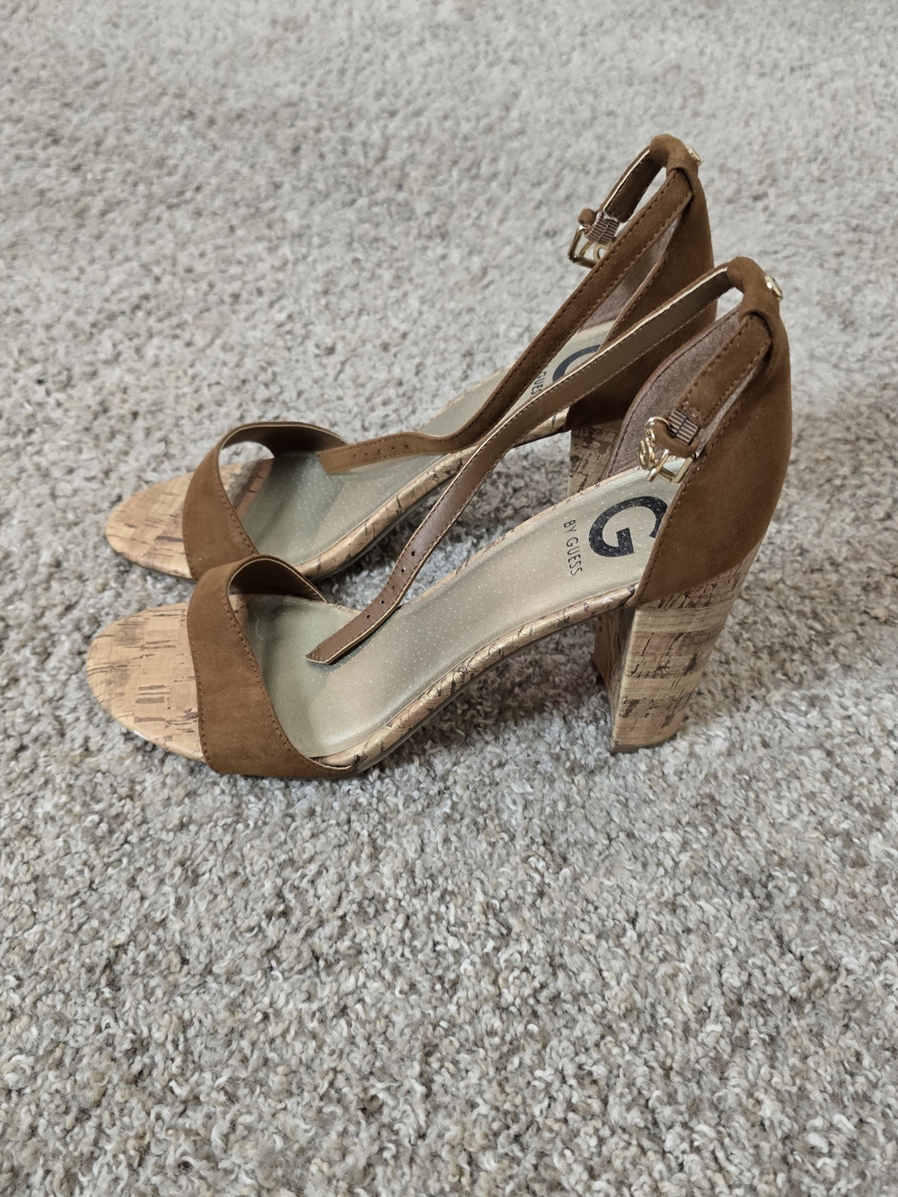 G by GUESS Shantel Brown Suede Cork Block Heel Ankle Strap Open Toe Sandal 10
